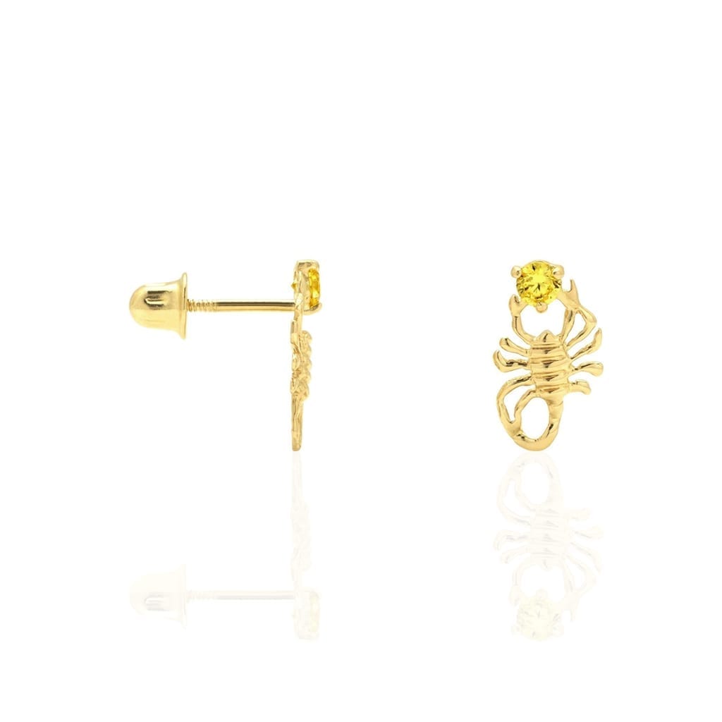 14K Yellow Gold Round Simulated Birthstone Scorpion Screw Back Stud Earrings