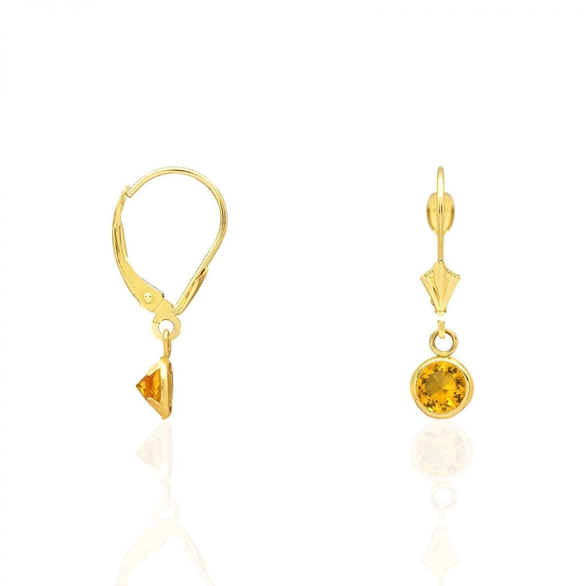14k Yellow Gold Round Bezel Simulated Birthstone Drop Leverback Earrings