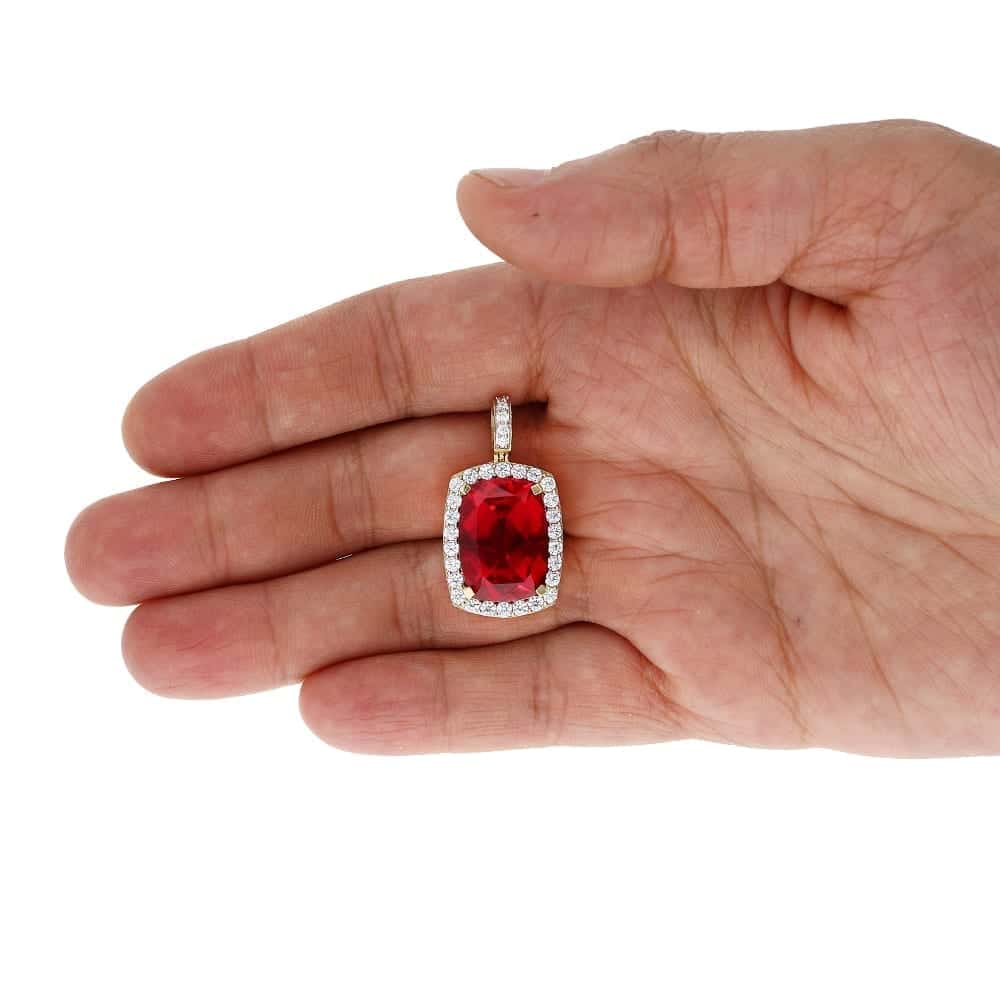 14CT Simulated Ruby Cushion-Cut Solitaire Halo 10k Yellow Gold Pendant 1.3"