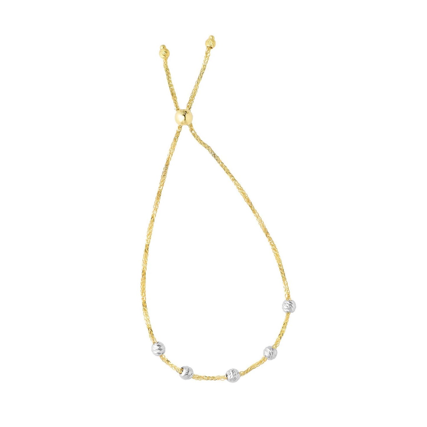 14K Gold Yellow 2-Tone Stationed Diamond-Cut Spiga Beads Bolo Bracelet Adjust.