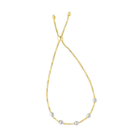 14K Gold Yellow 2-Tone Stationed Diamond-Cut Spiga Beads Bolo Bracelet Adjust.