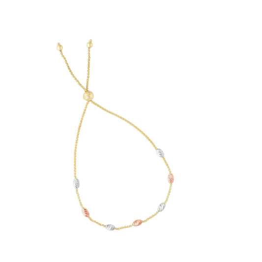 14K Gold Tri-Color Stationed Diamond-Cut Oval Beads Bolo Bracelet Adjustable