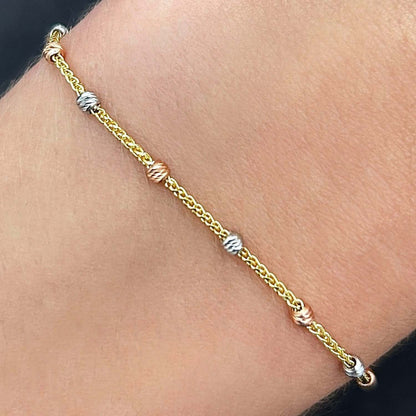 14K Gold Tri-Color Stationed Diamond-Cut Round Beads Bolo Bracelet Adjustable