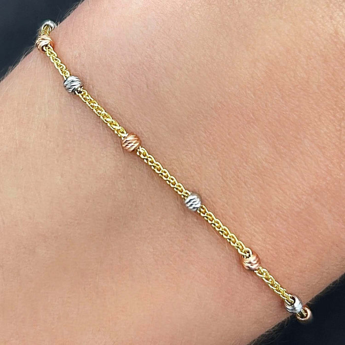 14K Gold Tri - Color Diamond - Cut Round Beads Station Bolo Bracelet (Hollow) 5" - 9.25" Adjustable - WJD Exclusives
