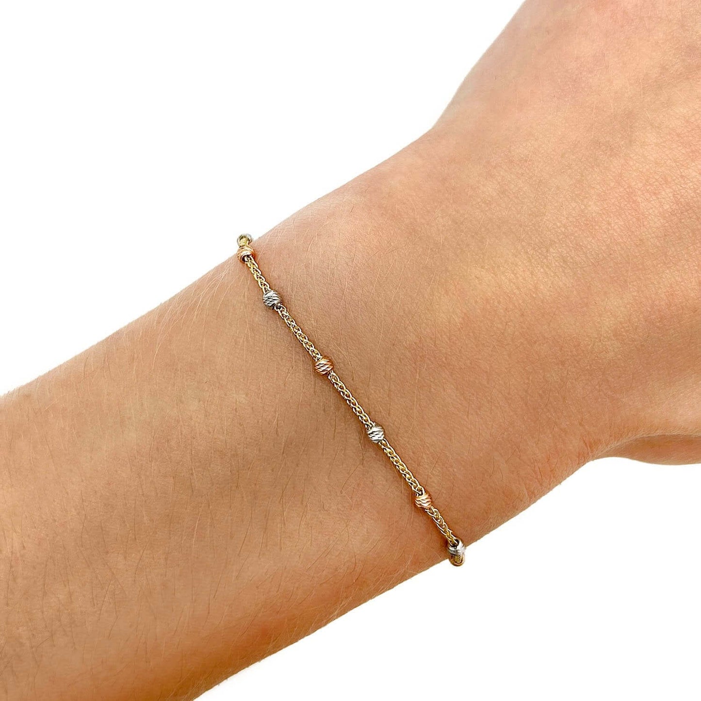 14K Gold Tri-Color Stationed Diamond-Cut Round Beads Bolo Bracelet Adjustable