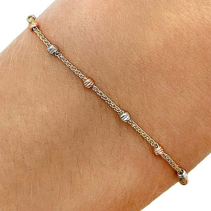 14K Gold Tri-Color Stationed Diamond-Cut Round Beads Bolo Bracelet Adjustable