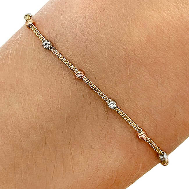 14K Gold Tri - Color Diamond - Cut Round Beads Station Bolo Bracelet (Hollow) 5" - 9.25" Adjustable - WJD Exclusives