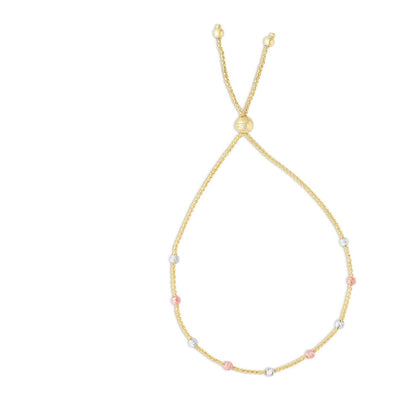 14K Gold Tri-Color Stationed Diamond-Cut Round Beads Bolo Bracelet Adjustable