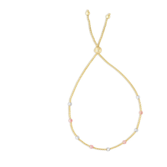 14K Gold Tri-Color Stationed Diamond-Cut Round Beads Bolo Bracelet Adjustable