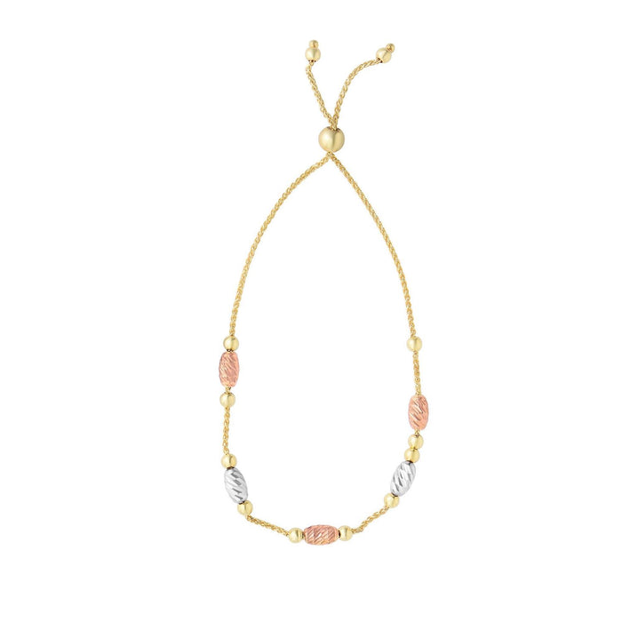14K Gold Tri - Color Diamond - Cut Oval Beads Station Bolo Bracelet (Solid Links) 5" - 9.25" Adjustable - WJD Exclusives