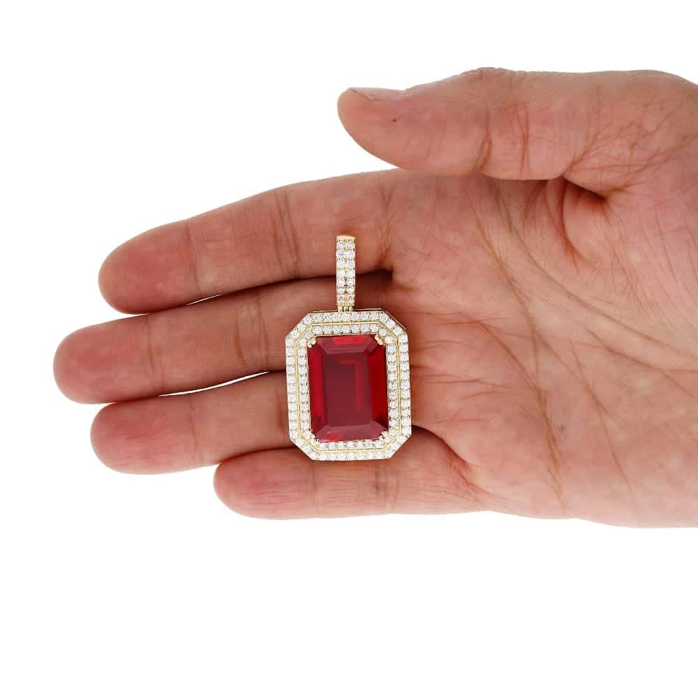 24Ct Emerald Cut Simulated Ruby Solitaire Halo 10k Yellow Gold Pendant 2"