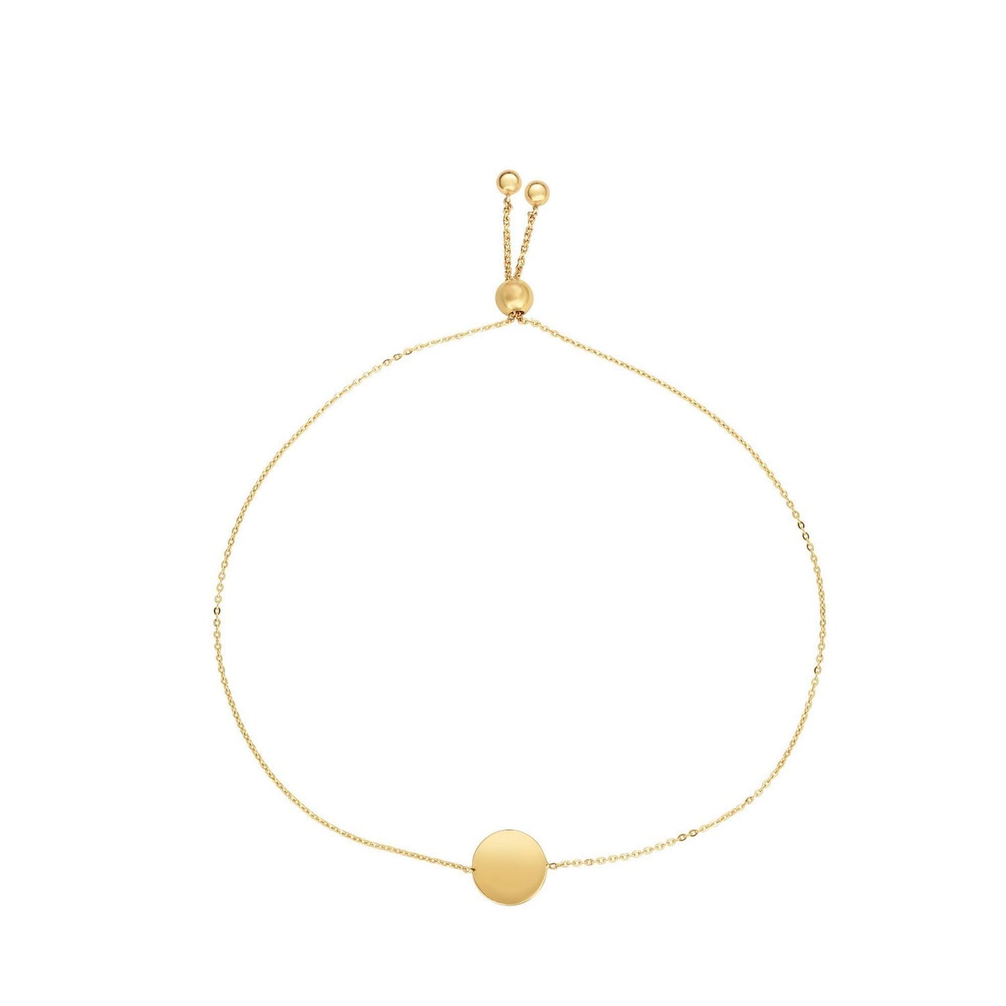 Engravable 14K Gold Yellow Personalized Circle Disc Bolo Bracelet Adjustable