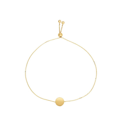 Engravable 14K Yellow Gold Personalized Circle Disc Bolo Bracelet (Solid Links) 5" - 9.25" Adjustable - WJD Exclusives
