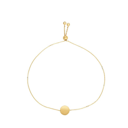 Engravable 14K Gold Yellow Personalized Circle Disc Bolo Bracelet Adjustable