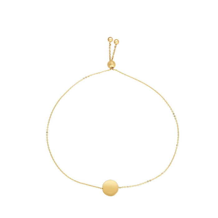 Engravable 14K Yellow Gold Personalized Circle Disc Bolo Bracelet (Solid Links) 5" - 9.25" Adjustable - WJD Exclusives
