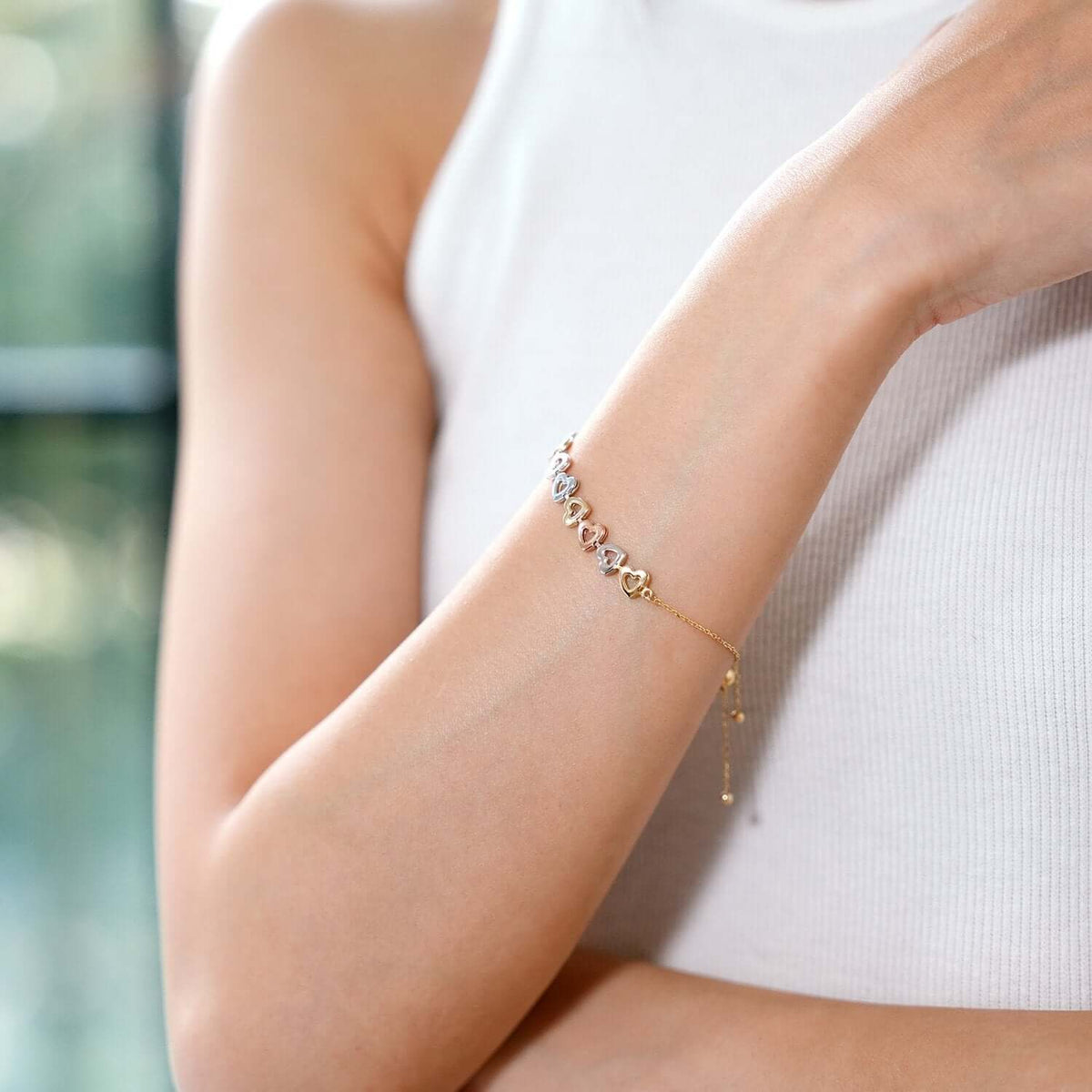 14K Gold Tri - Color Hearts Friendship Bolo Bracelet (Solid Links) 5" - 9.25" Adjustable - WJD Exclusives