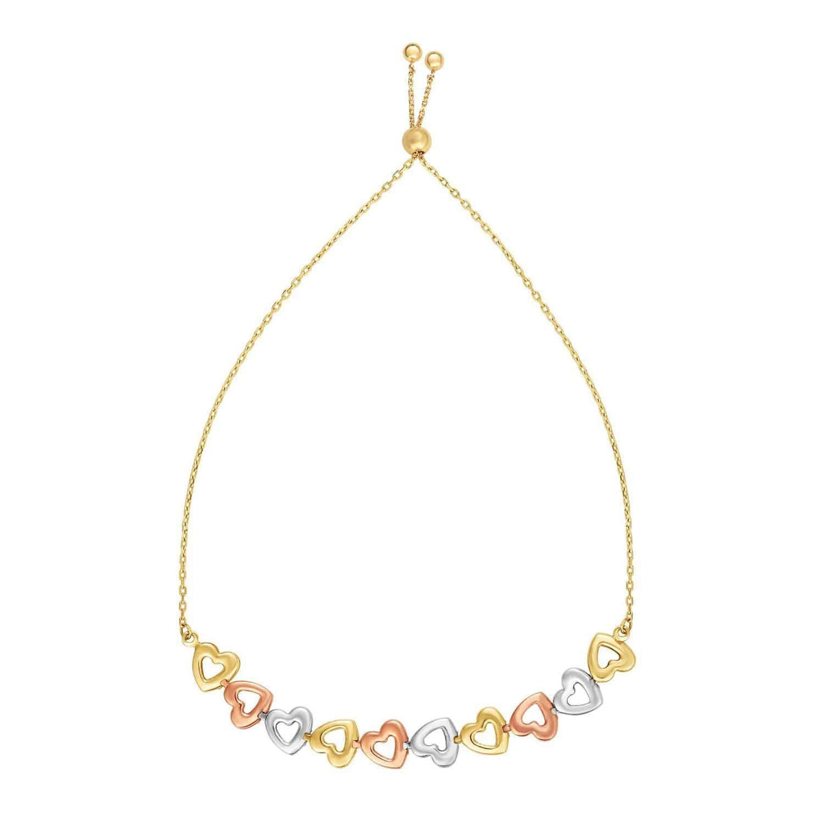 14K Gold Tri - Color Hearts Friendship Bolo Bracelet (Solid Links) 5" - 9.25" Adjustable - WJD Exclusives