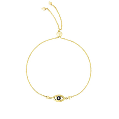 14K Yellow Gold Black Evil Eye Medallion Friendship Bolo Bracelet (Solid Links) 5" - 9.25" Adjustable - WJD Exclusives