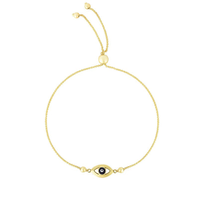 14K Gold Yellow Black Evil Eye Medallion Friendship Bolo Bracelet 9.25" Adjust.