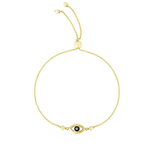 14K Gold Yellow Black Evil Eye Medallion Friendship Bolo Bracelet 9.25" Adjust.