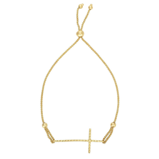 14K Gold Yellow Diamond-Cut Friendship Bolo Cross Bracelet Adjustable