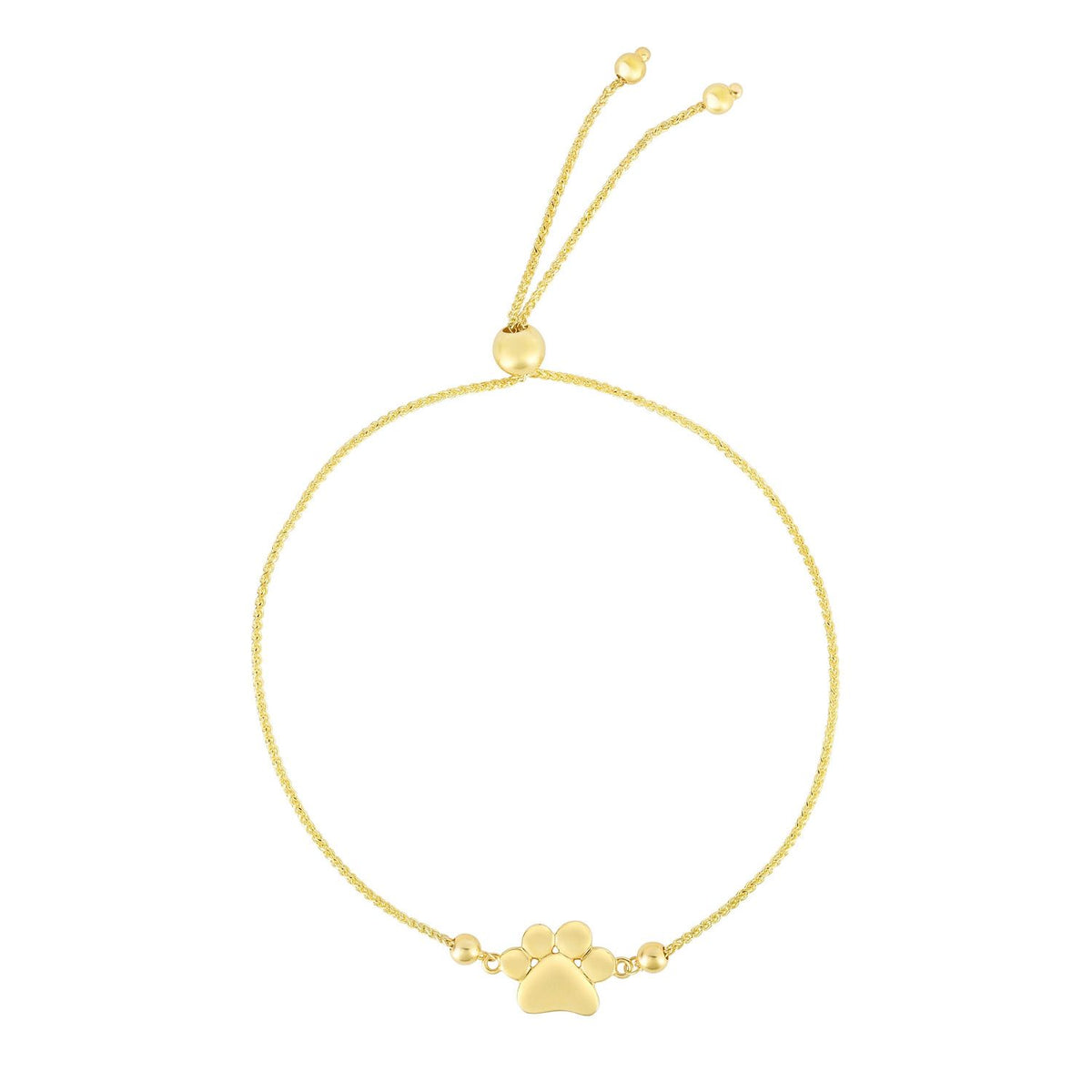 14K Yellow Gold Paw Print Medallion Friendship Bolo Bracelet (Solid Links) 5" - 9.25" Adjustable - WJD Exclusives