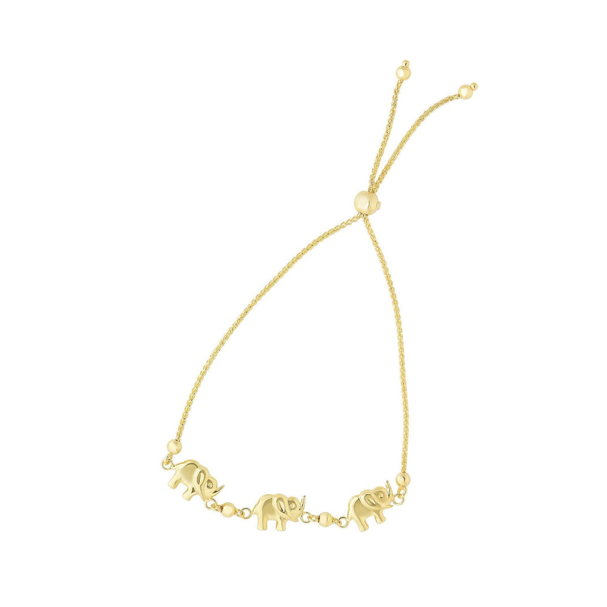 14K Yellow Gold Elephants Friendship Bolo Bracelet (Solid Links) 5" - 9.25" Adjustable - WJD Exclusives