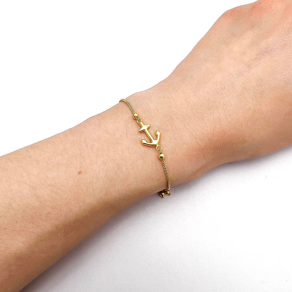 14K Yellow Gold Anchor Medallion Friendship Bolo Bracelet (Solid Links) 5" - 9.25" Adjustable - WJD Exclusives