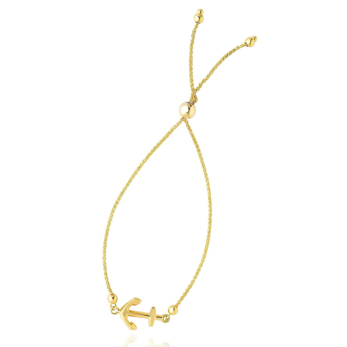 14K Yellow Gold Anchor Medallion Friendship Bolo Bracelet (Solid Links) 5" - 9.25" Adjustable - WJD Exclusives
