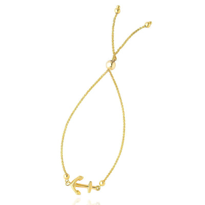 14K Yellow Gold Anchor Medallion Friendship Bolo Bracelet (Solid Links) 5" - 9.25" Adjustable - WJD Exclusives