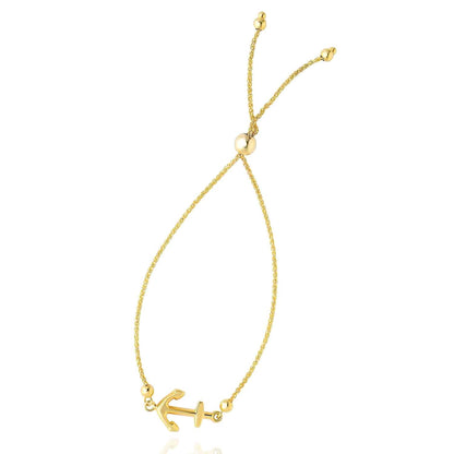 14K Gold Yellow Anchor Medallion Friendship Bolo Bracelet 9.25" Adjustable