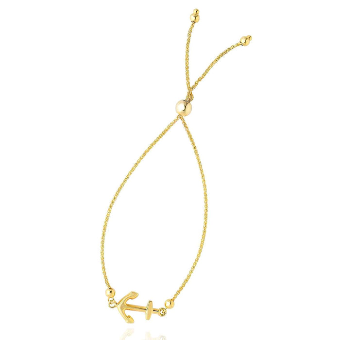 14K Yellow Gold Anchor Medallion Friendship Bolo Bracelet (Solid Links) 5" - 9.25" Adjustable - WJD Exclusives