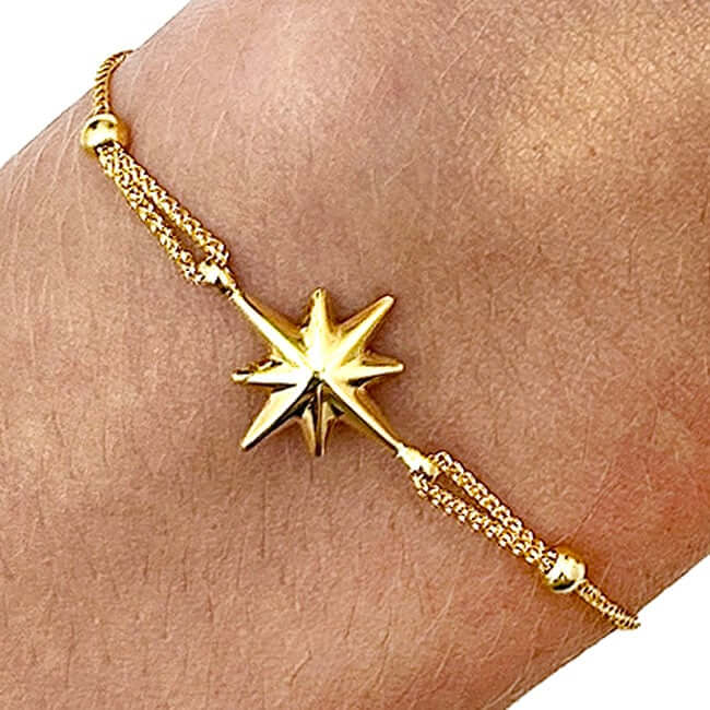 14K Yellow Gold North Star Medallion Bolo Bracelet (Solid Links) 5" - 9.25" Adjustable - WJD Exclusives