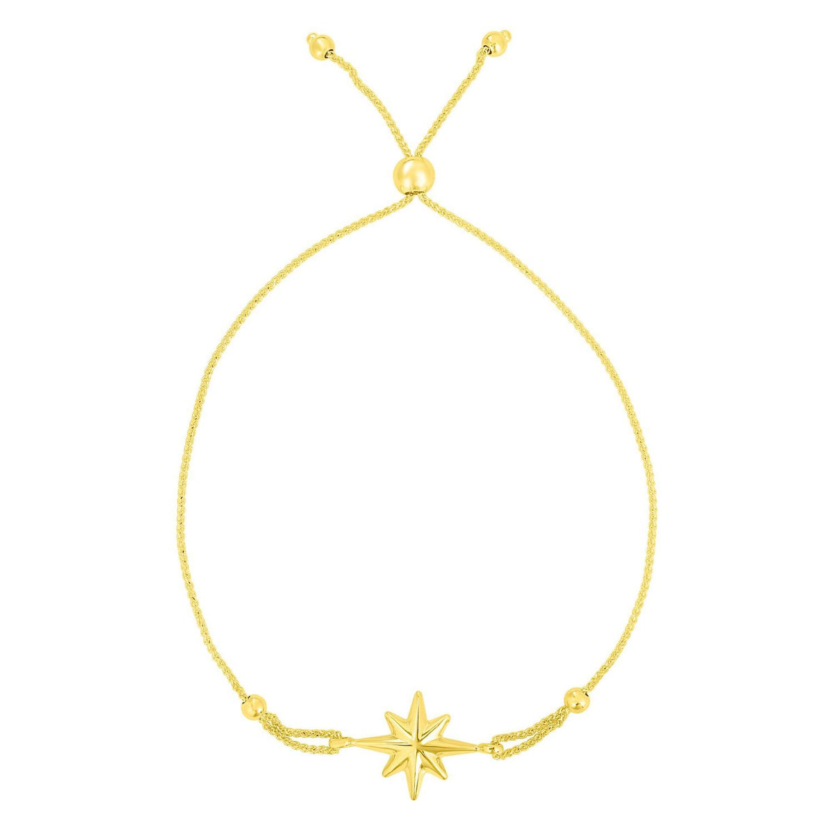 14K Yellow Gold North Star Medallion Bolo Bracelet (Solid Links) 5" - 9.25" Adjustable - WJD Exclusives