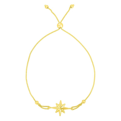 14K Yellow Gold North Star Medallion Bolo Bracelet (Solid Links) 5" - 9.25" Adjustable - WJD Exclusives