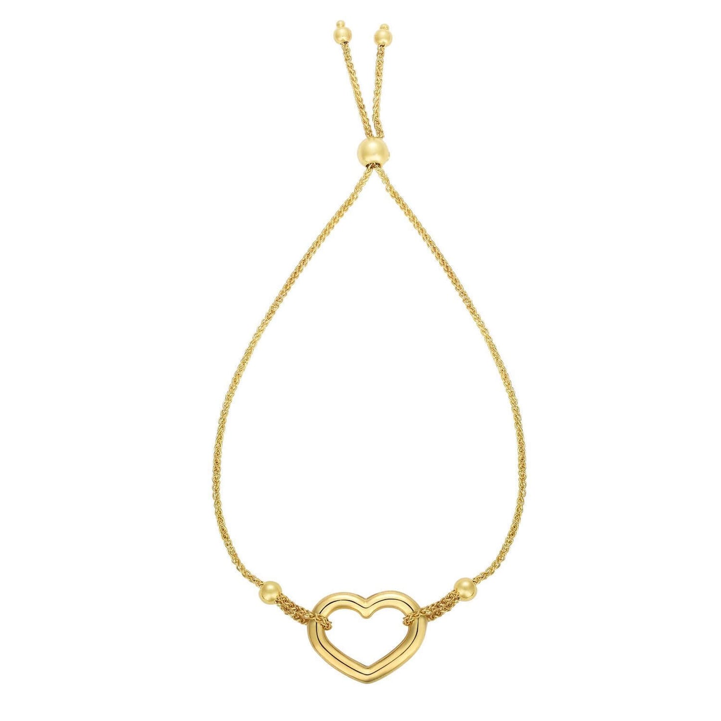 14K Gold Yellow Open Heart Friendship Bolo Bracelet Adjustable
