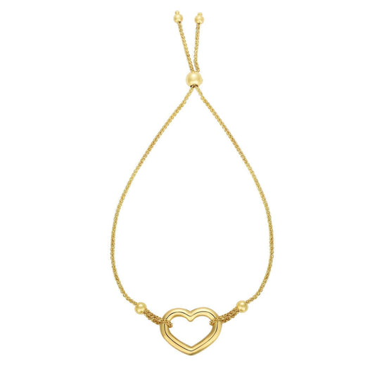 14K Gold Yellow Open Heart Friendship Bolo Bracelet Adjustable