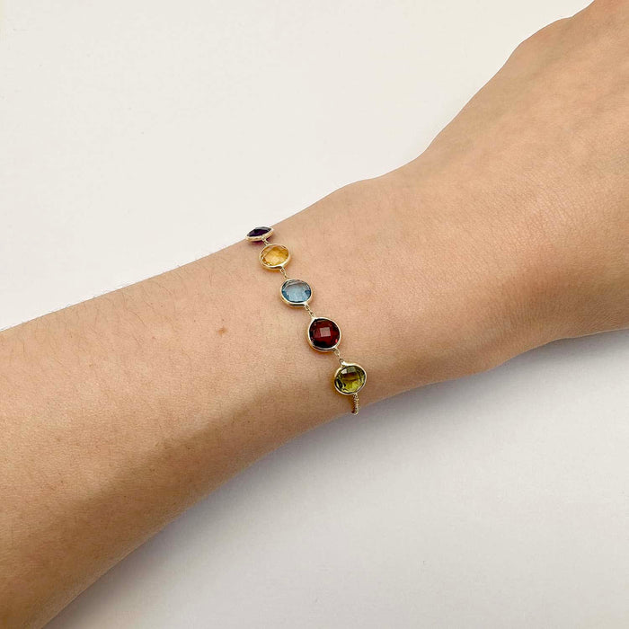14K Yellow Gold Multi - Gemstone Bolo Bracelet (Amethyst, Citrine, Blue Topaz, Garnet, Peridot) (Solid Links) 5" - 9.25" Adjustable - WJD Exclusives