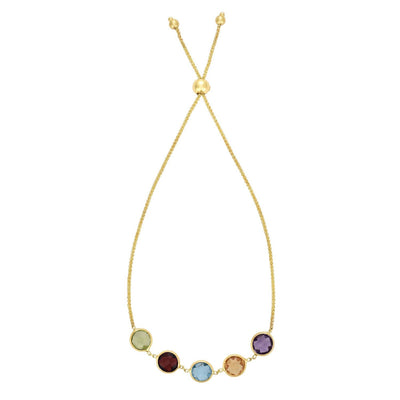 14K Yellow Gold Multi - Gemstone Bolo Bracelet (Amethyst, Citrine, Blue Topaz, Garnet, Peridot) (Solid Links) 5" - 9.25" Adjustable - WJD Exclusives