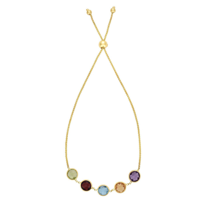 14K Yellow Gold Multi - Gemstone Bolo Bracelet (Amethyst, Citrine, Blue Topaz, Garnet, Peridot) (Solid Links) 5" - 9.25" Adjustable - WJD Exclusives