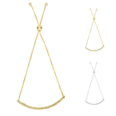 14K Gold White Yellow Diamond - Cut Curved Bar Friendship Bolo Bracelet (Solid Links) 5" - 9.25" Adjustable - WJD Exclusives