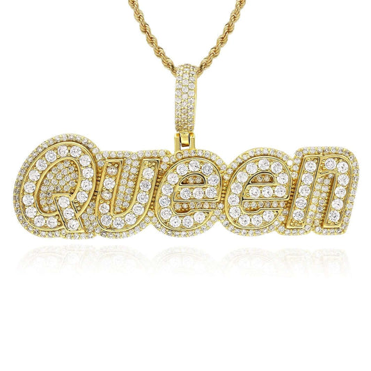 18K Yellow Gold Over Silver CZ Pave QUEEN Charm Pendant
