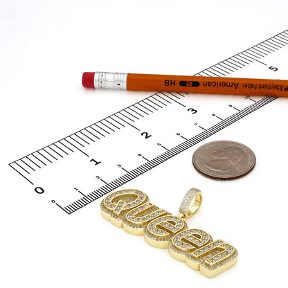 18K Yellow Gold Over Silver CZ Pave QUEEN Pendant