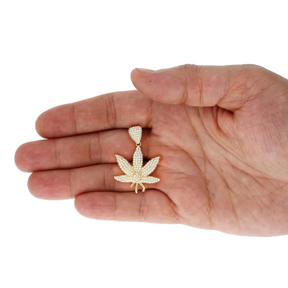 2Ct Pave CZ Cannabis Leaf 10k Yellow Gold Pendant 1.5"
