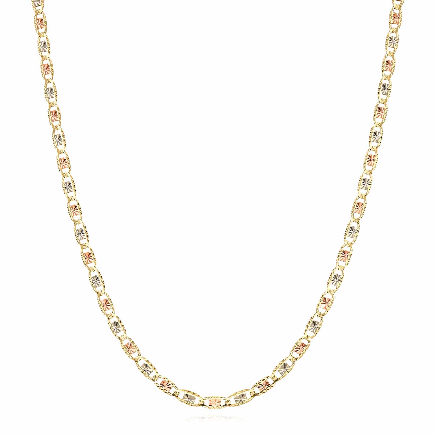 Solid 14K Gold Tri-Color 4mm Diamond-Cut Valentino Chain Necklace 18"-24"