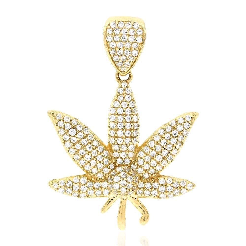 2Ct Pave CZ Cannabis Leaf 10k Yellow Gold Pendant 1.5"