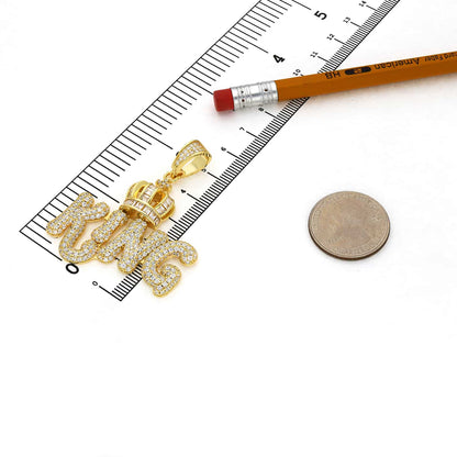 18K Gold Over Silver CZ Pave Puffed KING Crown Pendant