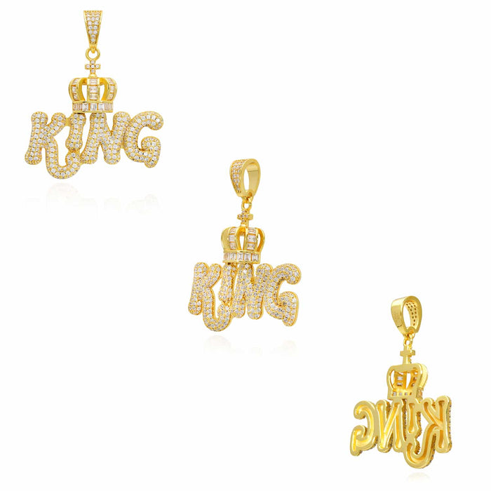 18K Gold Over Silver CZ Pave Puffed KING Crown Pendant - WJD Exclusives