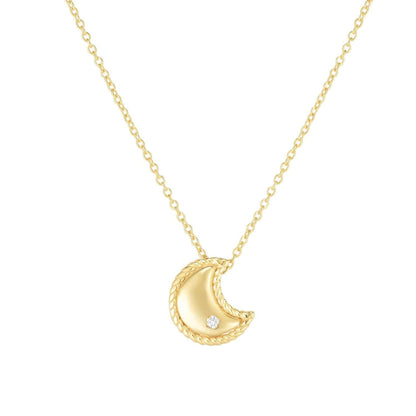 Real Diamond 14K Gold Twisted Rope Moon Pendant Necklace 18" Adjust.