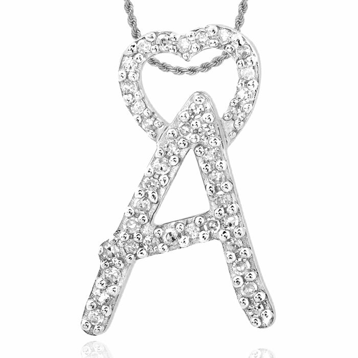 .12CTW Natural Diamond 10K White Gold Initial Letter Heart Pendant - WJD Exclusives